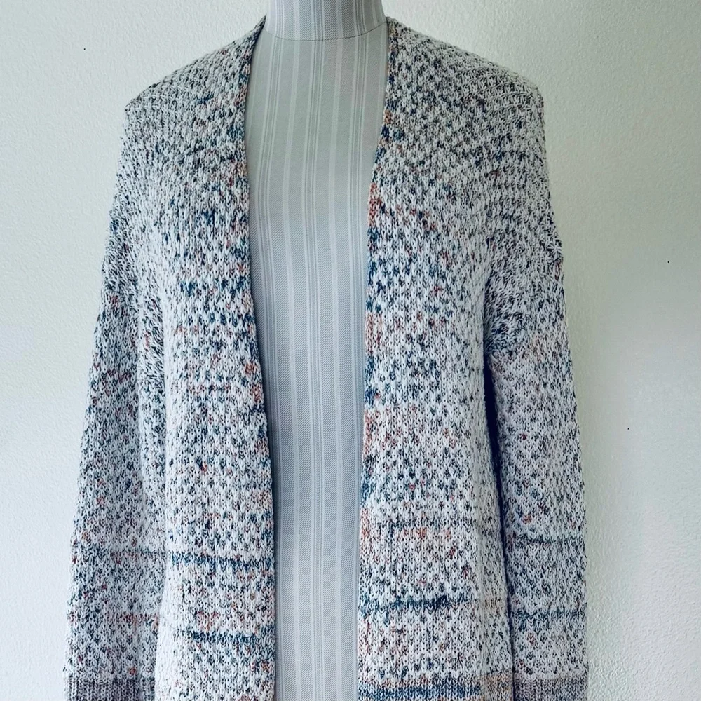 prAna Long Open Front Greta Duster Cardigan Sweater Marled Knit-Blue-Rose-Medium - Picture 6 of 16
